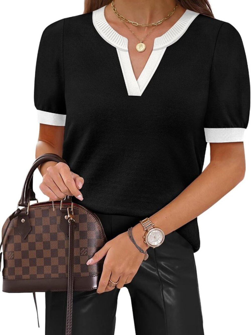 Trendy V-Neck Short Sleeve Knit Sweater Top for Spring/Summer Business Casual